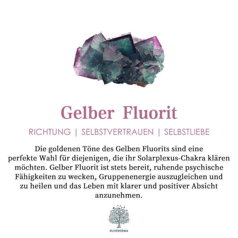 Gelber Fluorit Kristall auf weißem Hintergrund, spirituelle Heilung, Chakra, Selbstvertrauen.