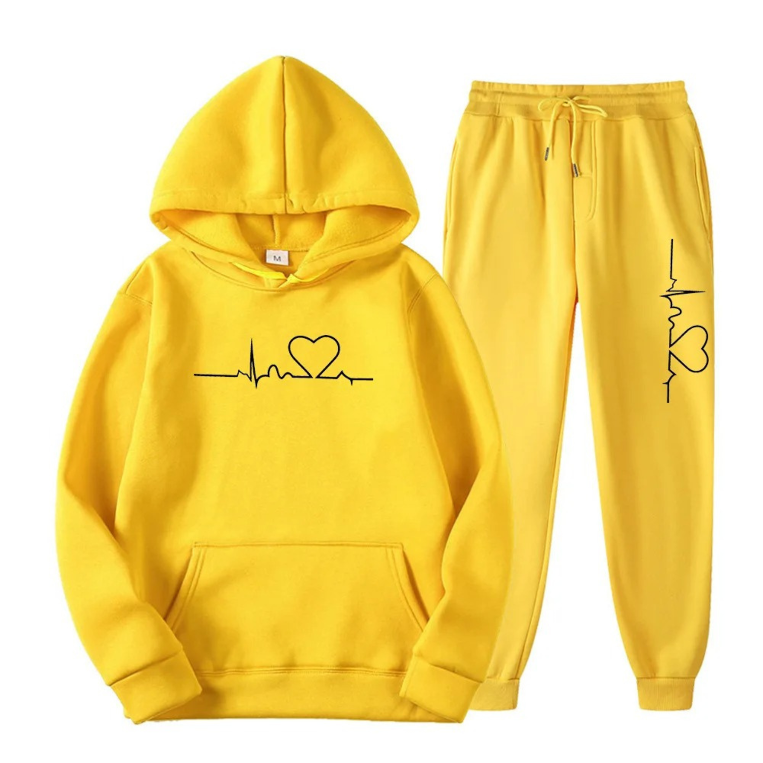 Gelber Hoodie und Jogginghose Set mit Herz-EKG-Design, Unisex, Baumwolle, Freizeitkleidung.