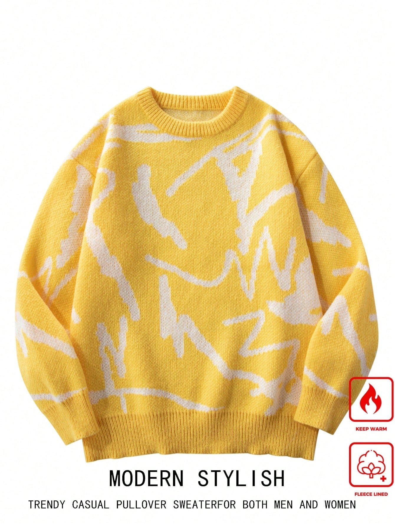 Gelber Pullover mit weißem Muster, Unisex, warm, modisch, Freizeitkleidung, Fleece gefüttert.