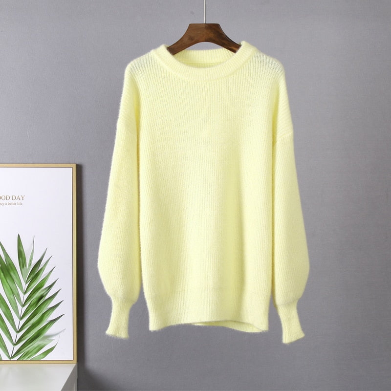 Gelber Strickpullover aus Wolle, Damenmode, Herbst-Winter, gemütlich, langärmlig, Rundhalsausschnitt.