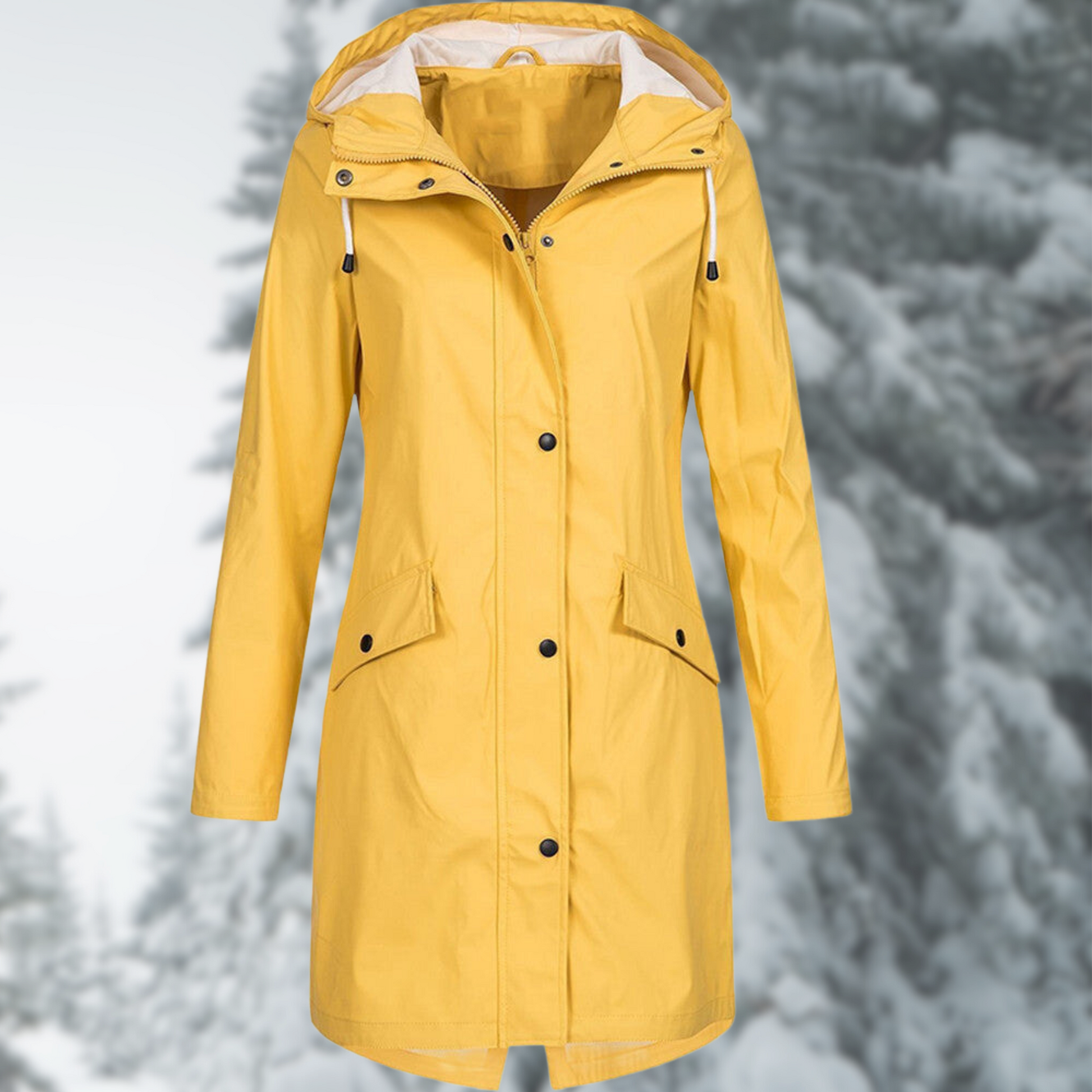 Gelber Regenmantel Damen, wasserdicht, Kapuze, Winter, Outdoor, modisch, funktional.
