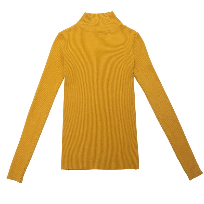Gelber Rollkragenpullover Damen, langärmelig, Strick, modisch, Herbstmode, bequem.