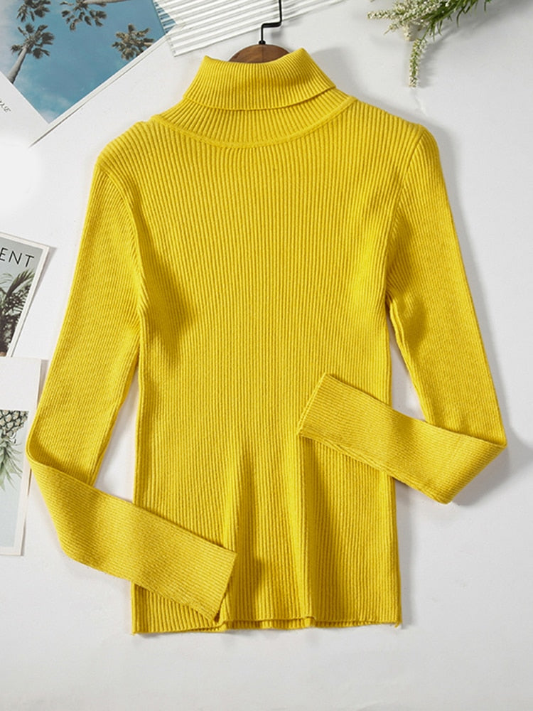 Gelber Rollkragenpullover Damen, gerippt, langärmelig, modisch, Herbstmode, Baumwolle.