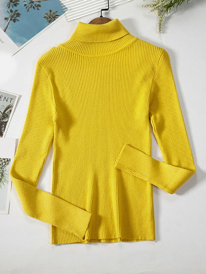 Gelber Rollkragenpullover Damen, gerippt, langärmelig, modisch, Herbstmode, Baumwolle.