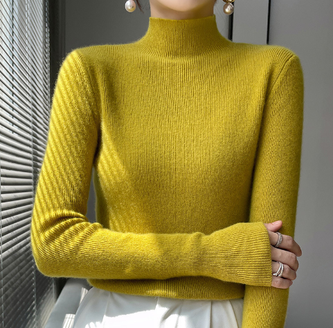 Gelber Rollkragenpullover Damen, Strick, Langarm, Herbstmode, elegant, bequem.