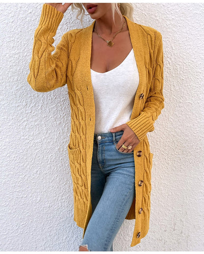 Gelber Strick-Cardigan für Damen, Zopfmuster, Knöpfe, lässig, Herbstmode, Baumwolle.