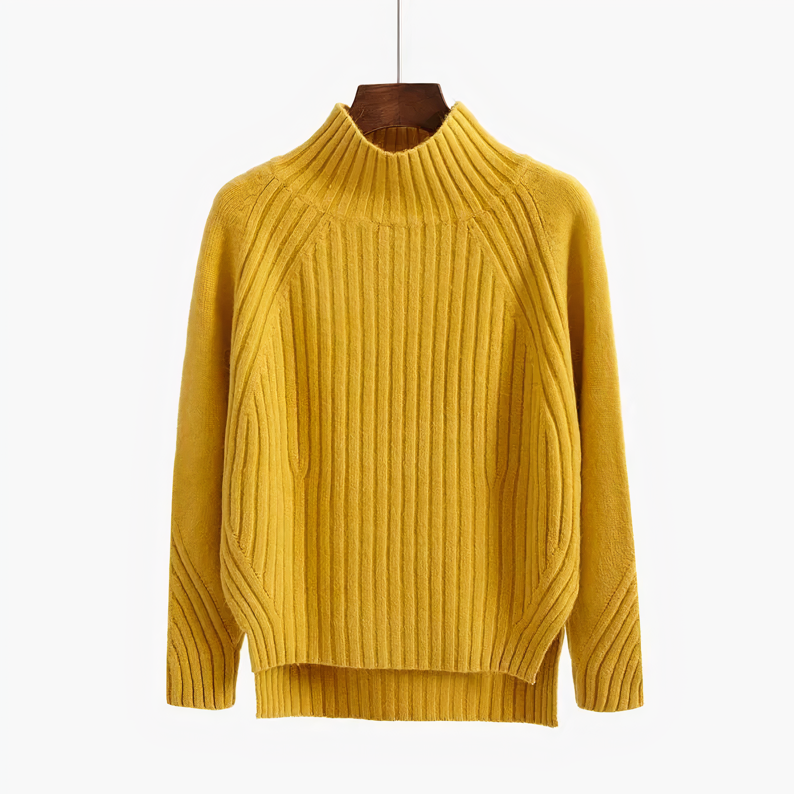 Gelber Rollkragenpullover aus Strick, Damenmode, Herbst-Winter, warm und stilvoll.