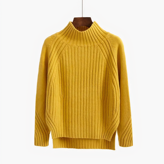 Gelber Rollkragenpullover aus Strick, Damenmode, Herbst-Winter, warm und stilvoll.