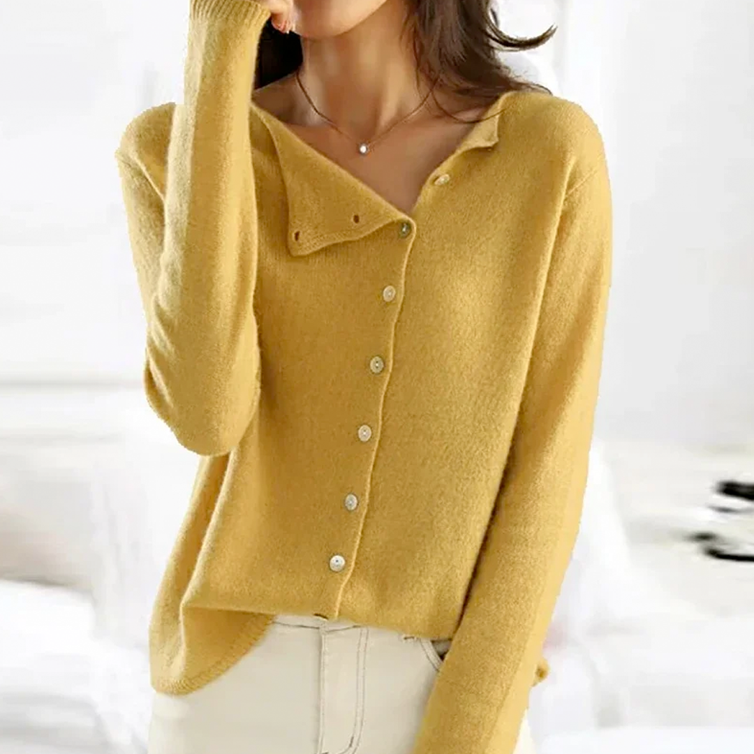 Gelber Damenpullover aus Kaschmir, V-Ausschnitt, Knopfleiste, modisch, bequem, Herbstmode.