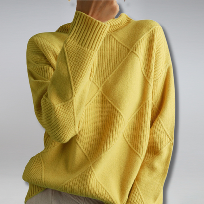 Gelber Strickpullover Damen, Rautenmuster, Baumwolle, modisch, Herbstmode, gemütlich.