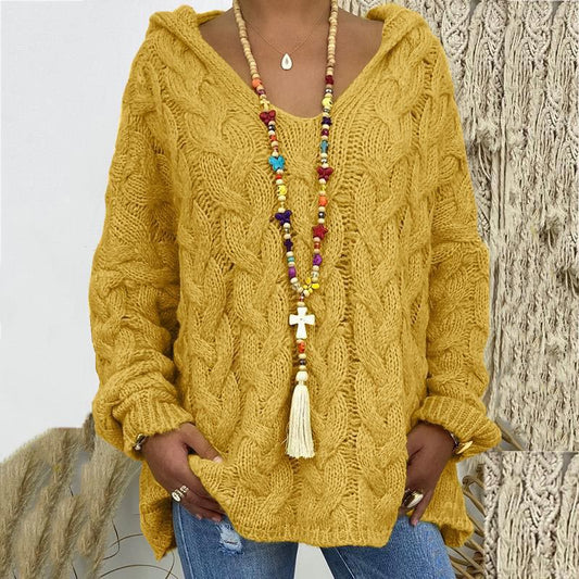 Gelber Strickpullover Damen, Zopfmuster, Kapuze, lässig, Herbstmode, Baumwolle, Boho-Stil.
