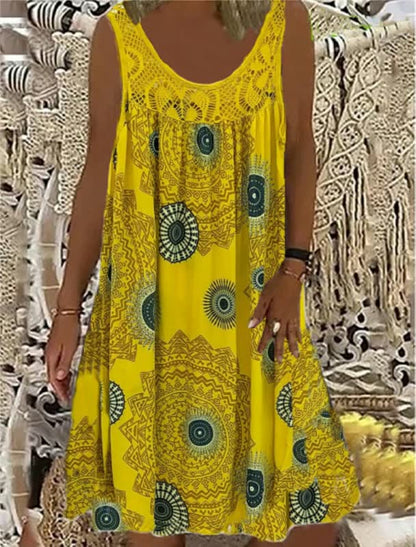 Gelbes Sommerkleid mit Mandala-Muster, ärmellos, Damenmode, Boho-Stil, Baumwolle.