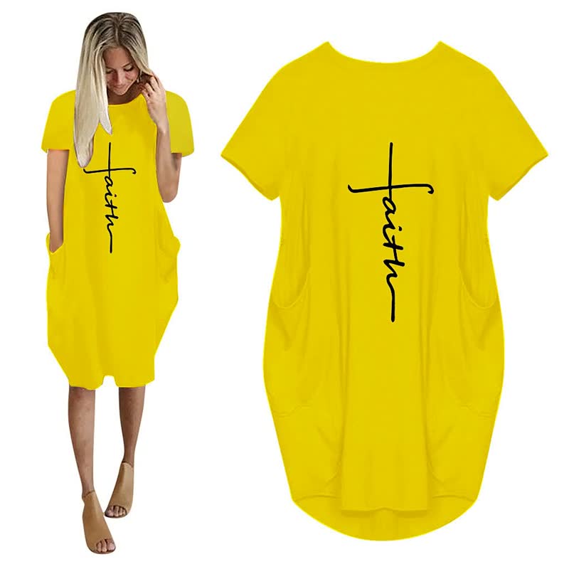 Gelbes Damenkleid mit "Faith"-Aufdruck, kurze Ärmel, lässiger Stil, Baumwolle.