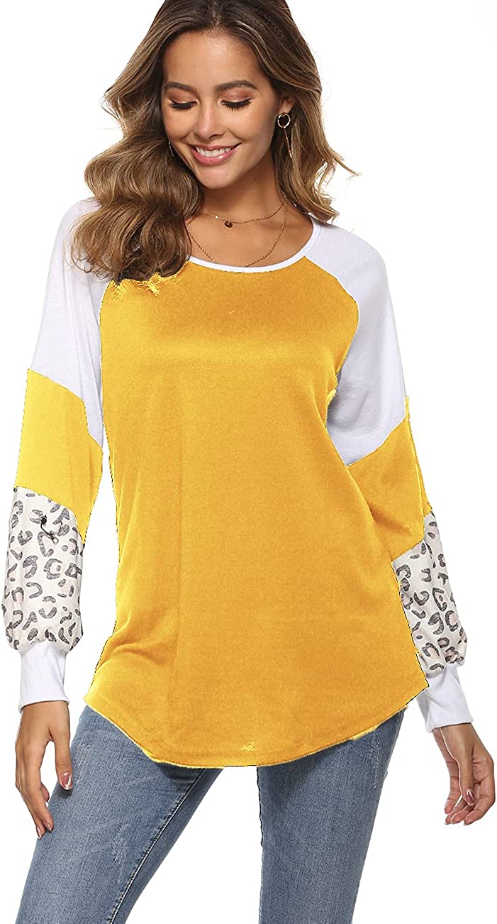 Gelbes Damen-Langarmshirt mit Leopardenmuster, Baumwolle, lässig, modisch, bequem.