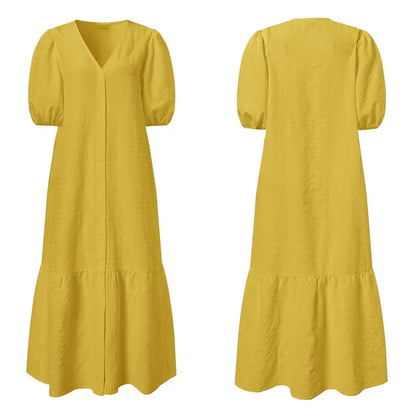 Gelbes Damenkleid mit Puffärmeln, V-Ausschnitt, Knopfleiste, Sommermode, Baumwolle.