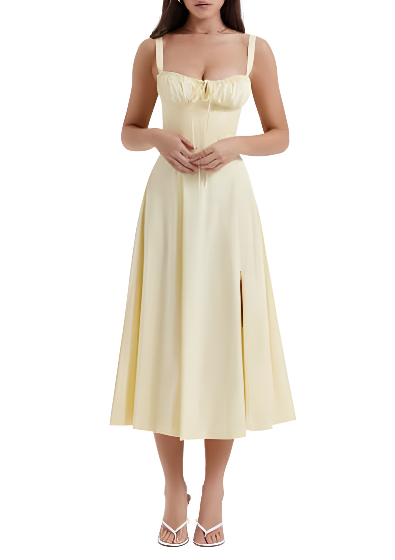 Elegantes gelbes Midikleid mit Spaghettiträgern, ideal für Sommermode und festliche Anlässe.
