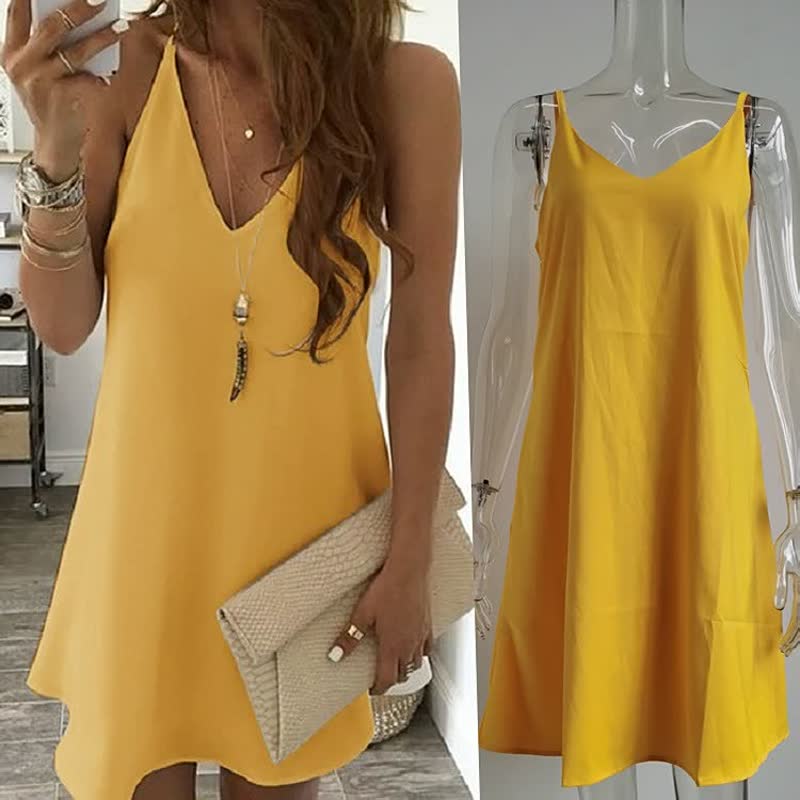 Gelbes Sommerkleid Damen, ärmellos, V-Ausschnitt, lässig, elegant, Freizeitmode, Baumwolle.