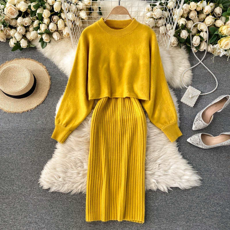 Gelbes Strickkleid-Set mit Pullover und Rock, Damenmode, Herbst, elegant, bequem.