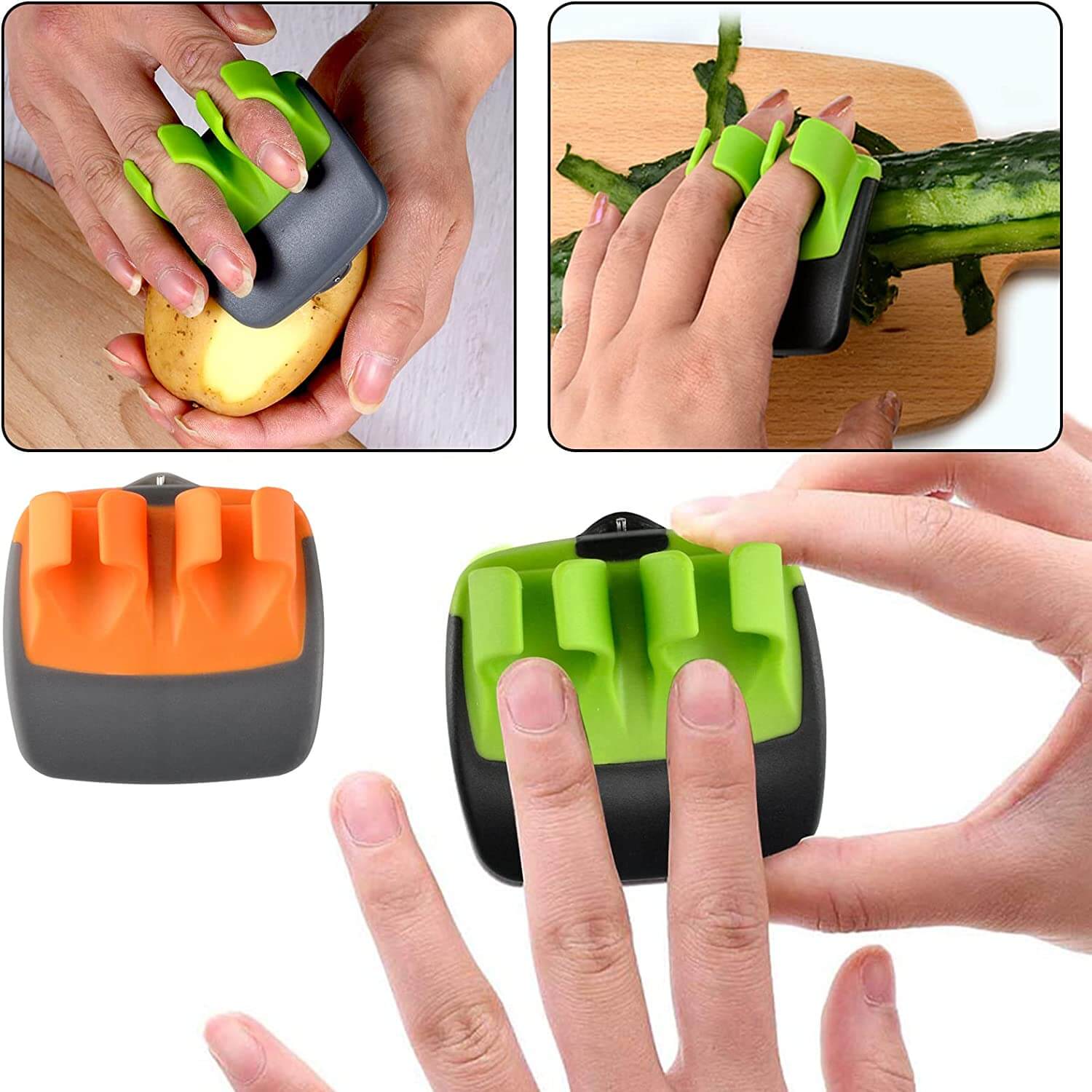 Gemüseschäler, ergonomisch, grün-orange, Kunststoff, für Kartoffeln und Gurken, Küchenzubehör.