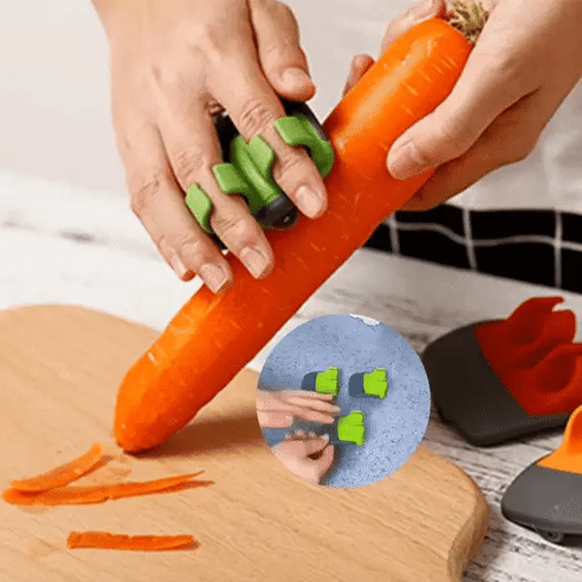 Person schält Karotte mit grünem Gemüseschäler, Küchengerät, ergonomisch, effizient.