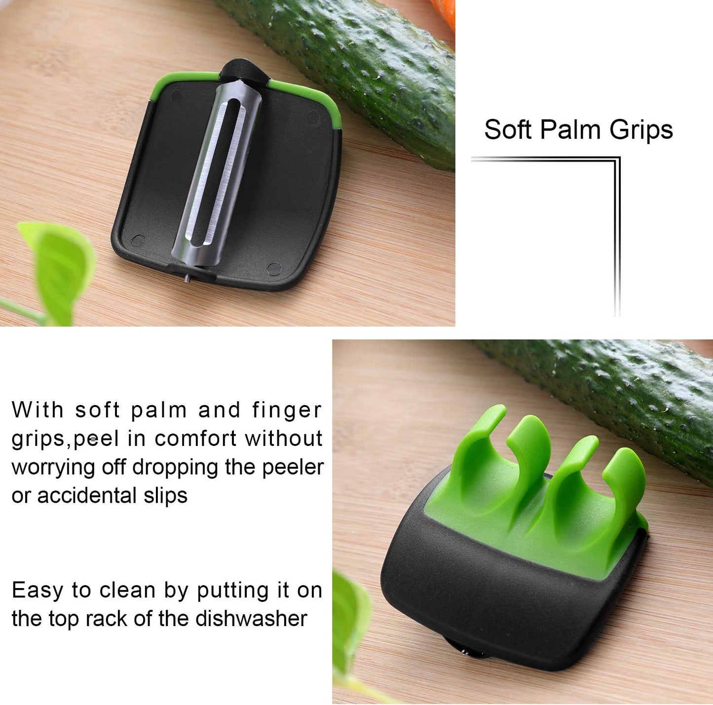 Gemüseschäler mit weichen Handgriffen, grün-schwarz, ergonomisch, spülmaschinenfest.