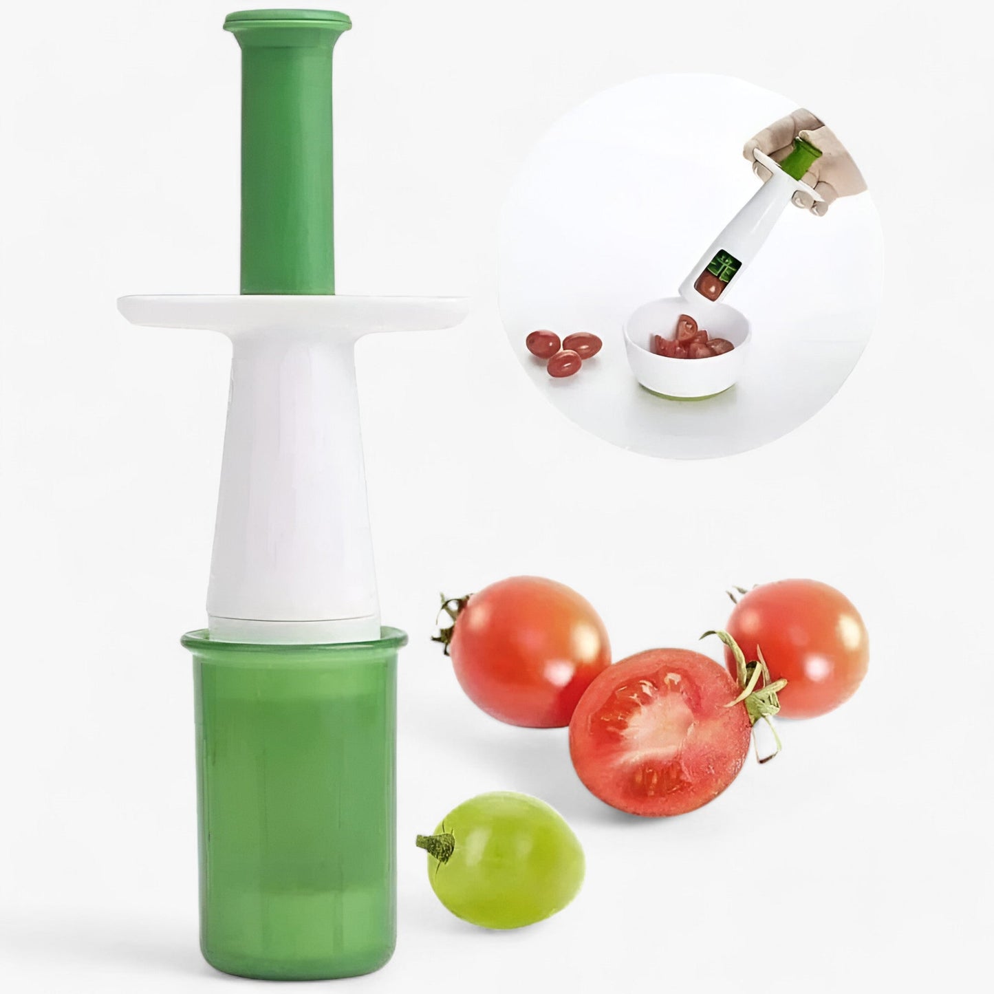 Grüner Gemüseschneider mit Behälter, ideal für Tomaten, Küchenzubehör, Kunststoff.