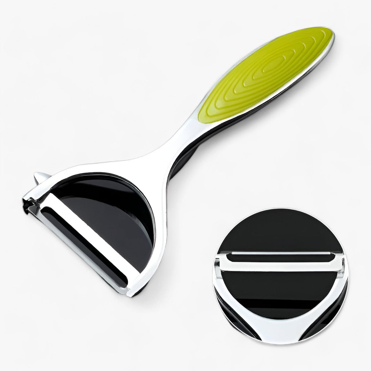 Grüner Gemüseschäler mit Edelstahlklinge und ergonomischem Griff, ideal für Küchenarbeiten.