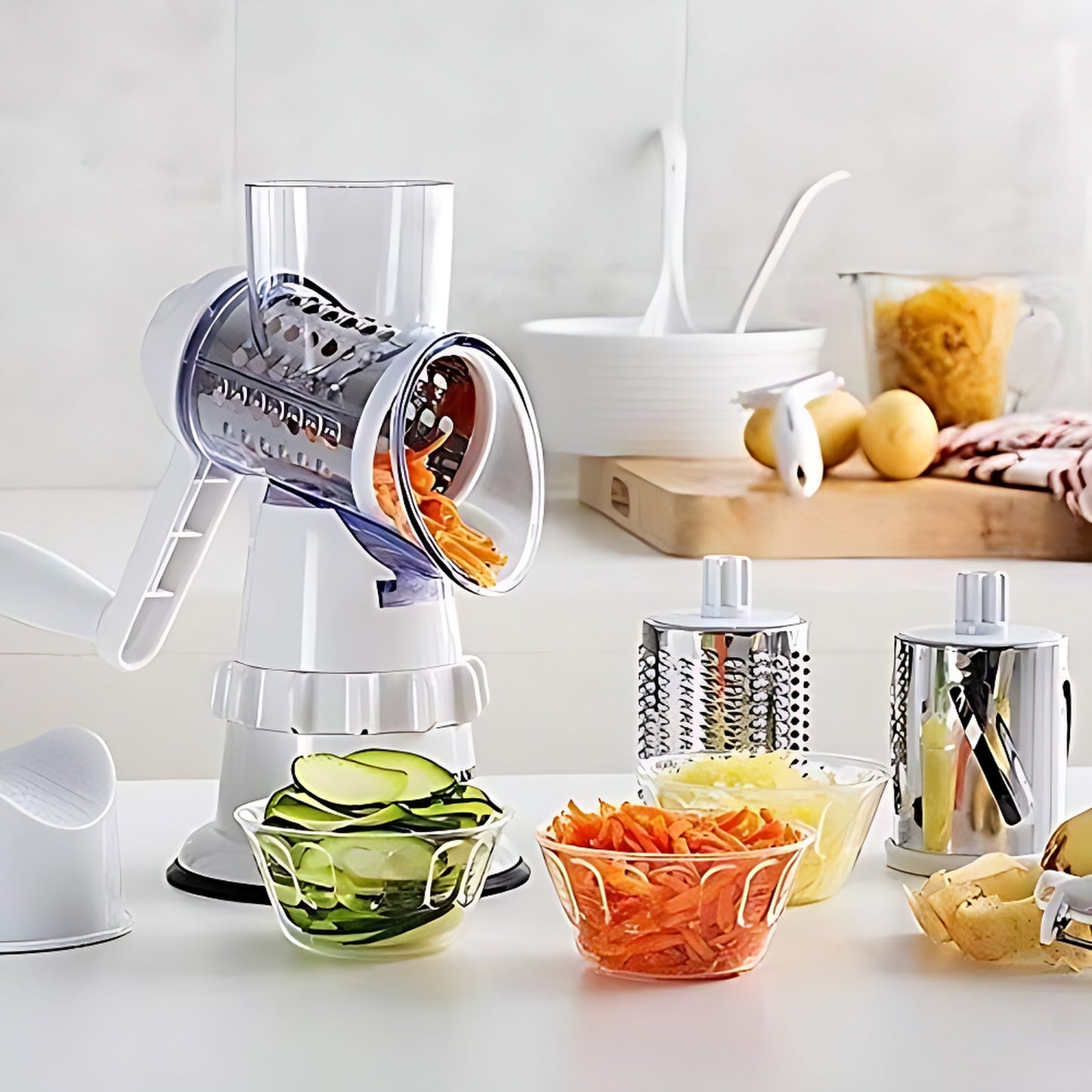Manuelle Gemüsereibe mit drei Edelstahlaufsätzen, ideal für Karotten und Zucchini, in moderner Küche.