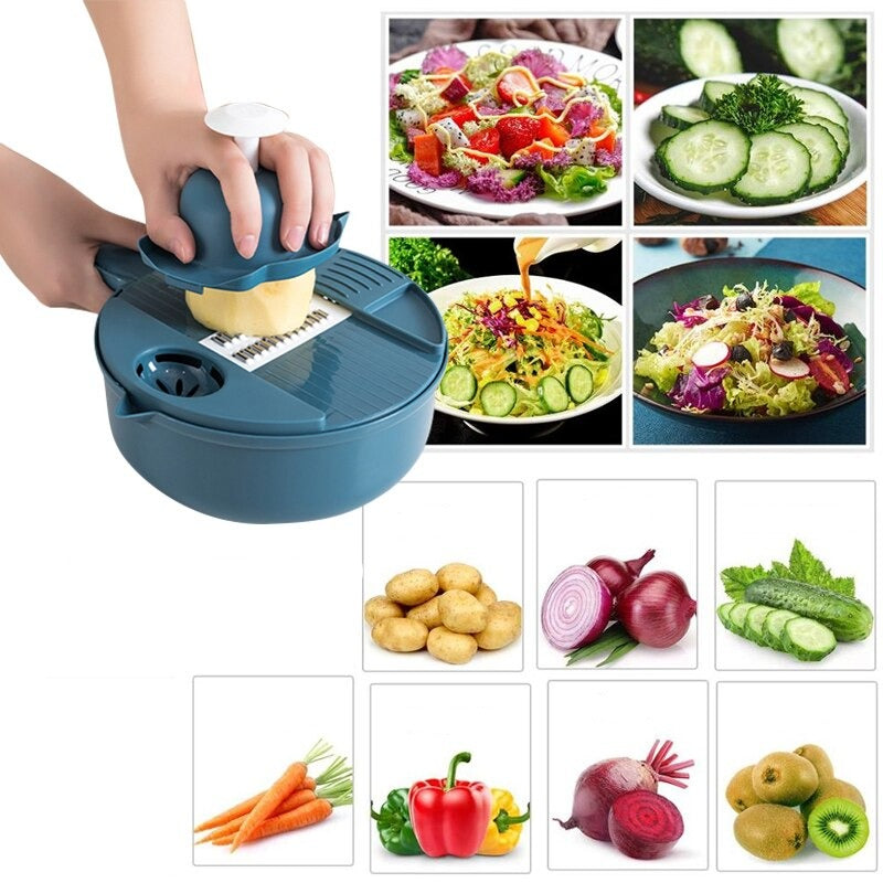 Multifunktionaler Gemüseschneider, blau, mit Handgriff, ideal für Salate und Gemüsezubereitung.