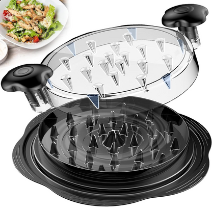 Transparenter Gemüseschneider mit schwarzem Griff, ideal für Salate, Edelstahlklingen.