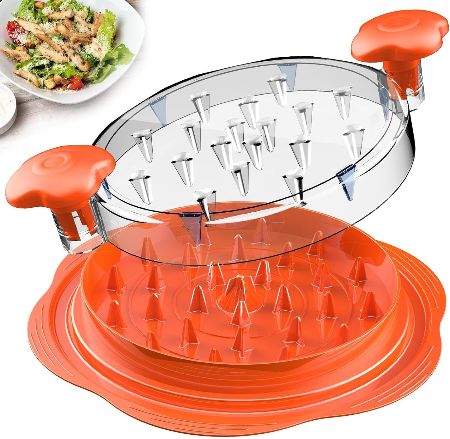 Orangener Gemüseschneider aus Kunststoff mit transparentem Deckel, ideal für Salate.