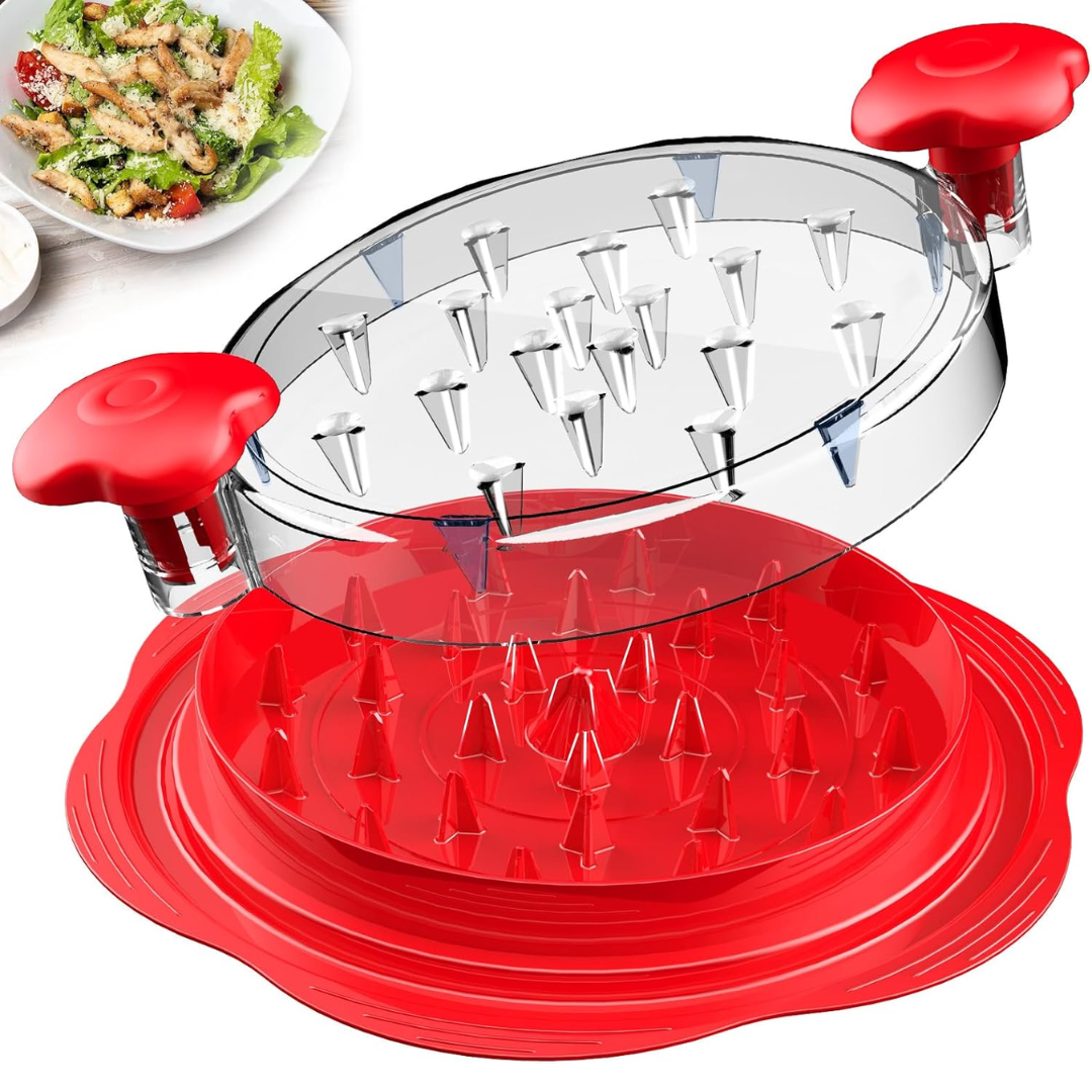 Roter Gemüseschneider aus Kunststoff mit transparentem Deckel, ideal für Salate zubereiten.