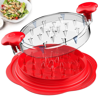 Roter Gemüseschneider aus Kunststoff mit transparentem Deckel, ideal für Salate zubereiten.