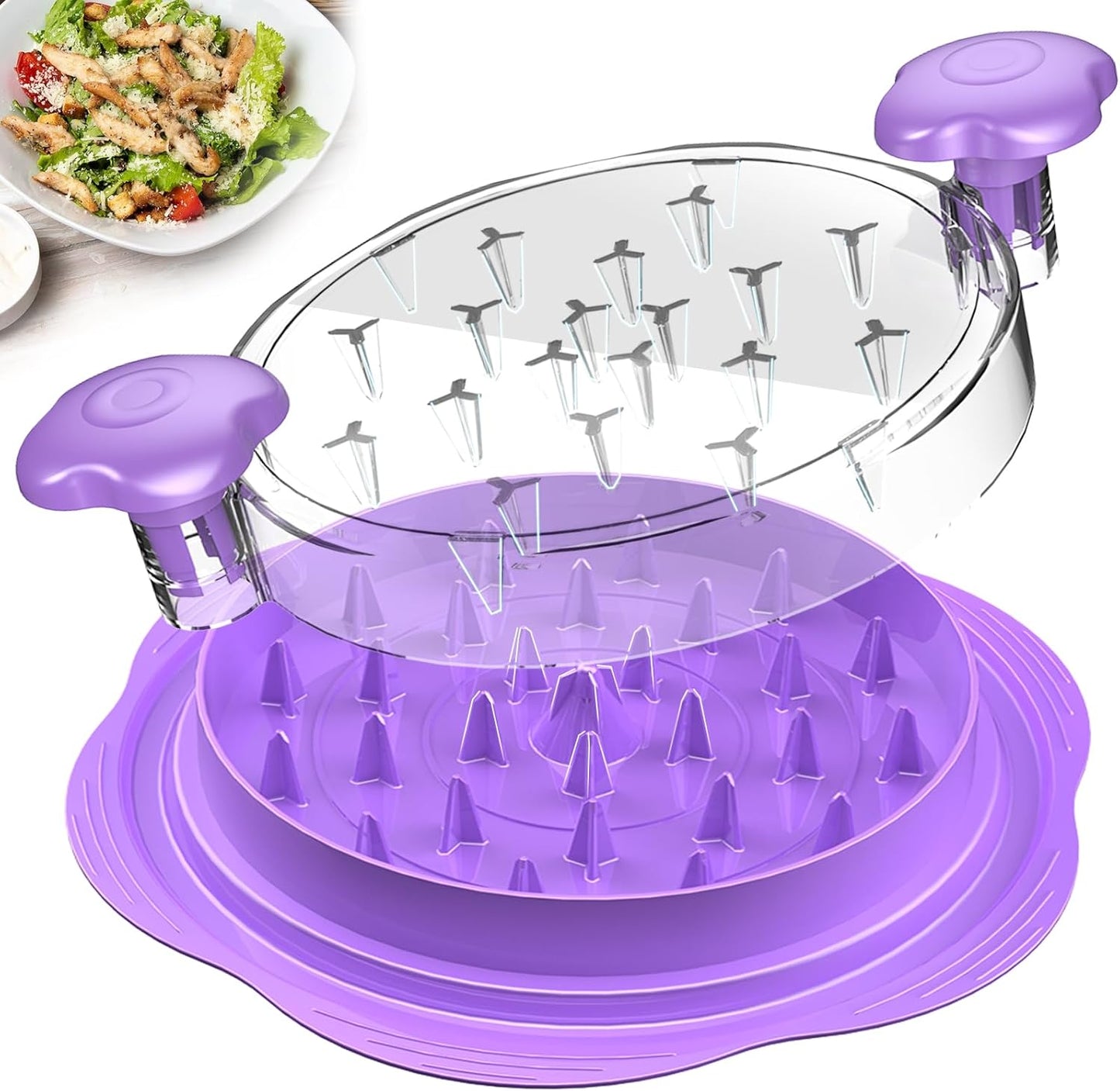 Lila Gemüseschneider aus Kunststoff mit rutschfester Basis, ideal für Salate und Gemüse.