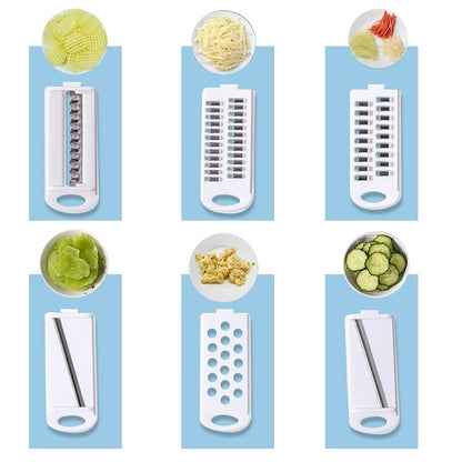 Sechsteiliges weißes Gemüsehobel-Set, verschiedene Klingen, Kunststoff, Küchenzubehör.