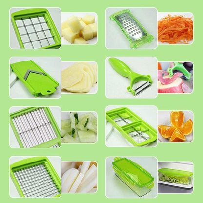 Grüner Gemüseschneider Set, multifunktional, mit Reibe, Schäler, Würfelschneider, Küchenhelfer.