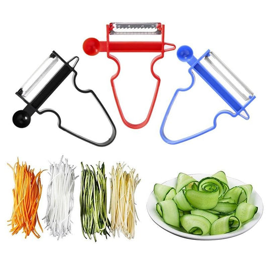 Drei bunte Gemüseschäler aus Kunststoff mit Julienne-Funktion, ideal für Zucchini und Karotten.