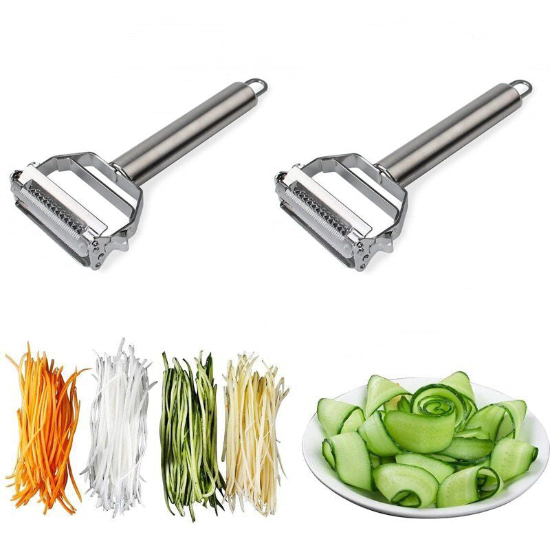 Zwei Edelstahl-Gemüseschäler mit Julienne-Klinge, ideal für Karotten und Zucchini.