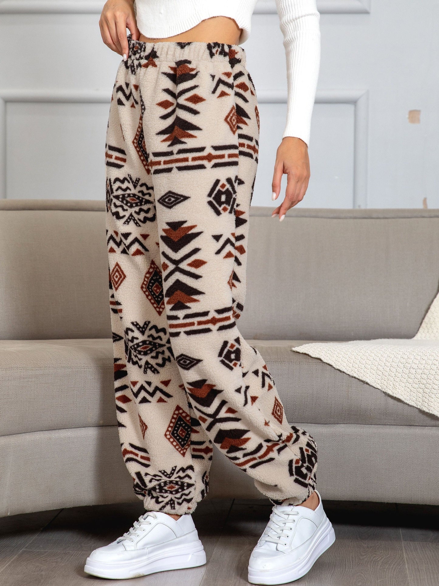 Fleece-Jogginghose Damen, beige, Aztekenmuster, gemütlich, modisch, Freizeitkleidung, Herbstmode