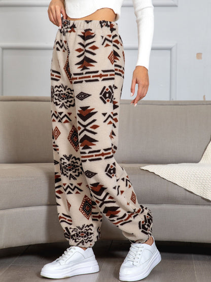 Fleece-Jogginghose Damen, beige, Aztekenmuster, gemütlich, modisch, Freizeitkleidung, Herbstmode