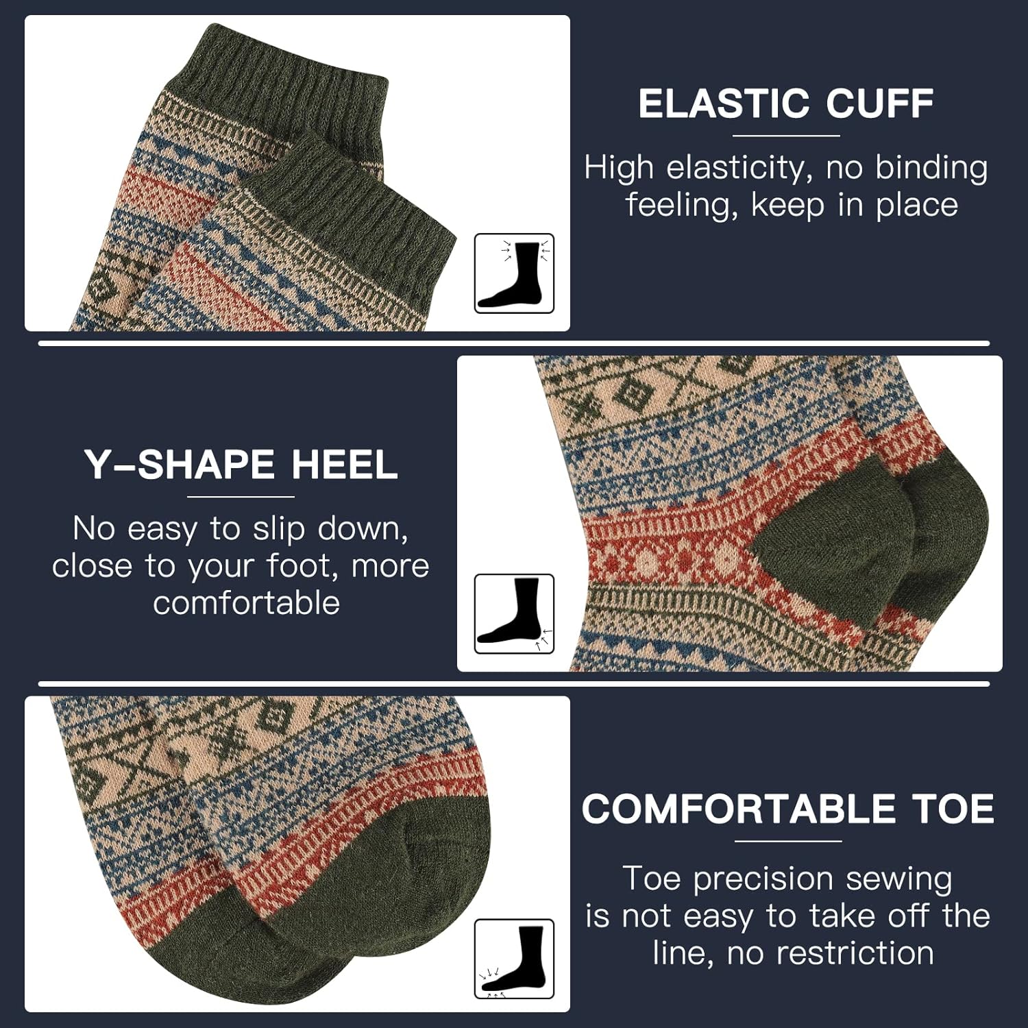 Warme Wollsocken mit elastischem Bündchen, Y-Ferse, bequemem Zeh, mehrfarbiges Muster.