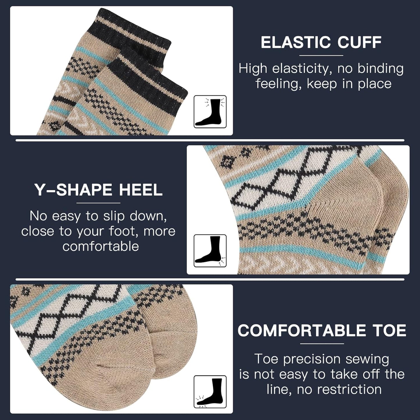 Beige Socken mit elastischem Bündchen, Y-Ferse, bequemem Zeh, geometrisches Muster.