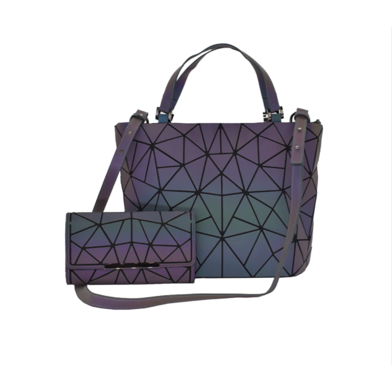 Geometrische Damenrucksack und Tasche, leuchtet im Dunkeln, mehrfarbig, modern, stilvoll.