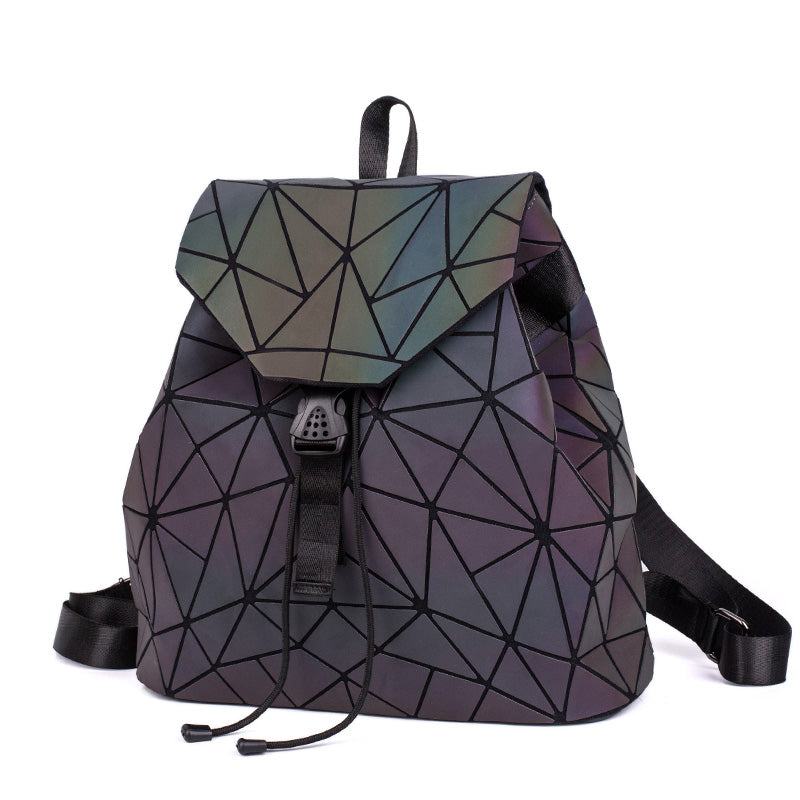 Geometrischer Damenrucksack, leuchtet im Dunkeln, dreieckiges Muster, modisch, schwarz.