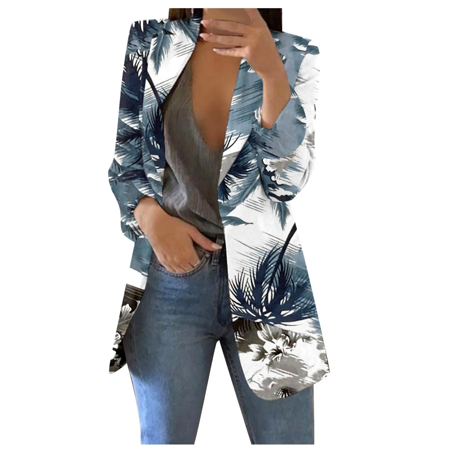 Damenblazer mit Palmenmuster, blau-weiß, Reverskragen, schlanke Passform, modisch.