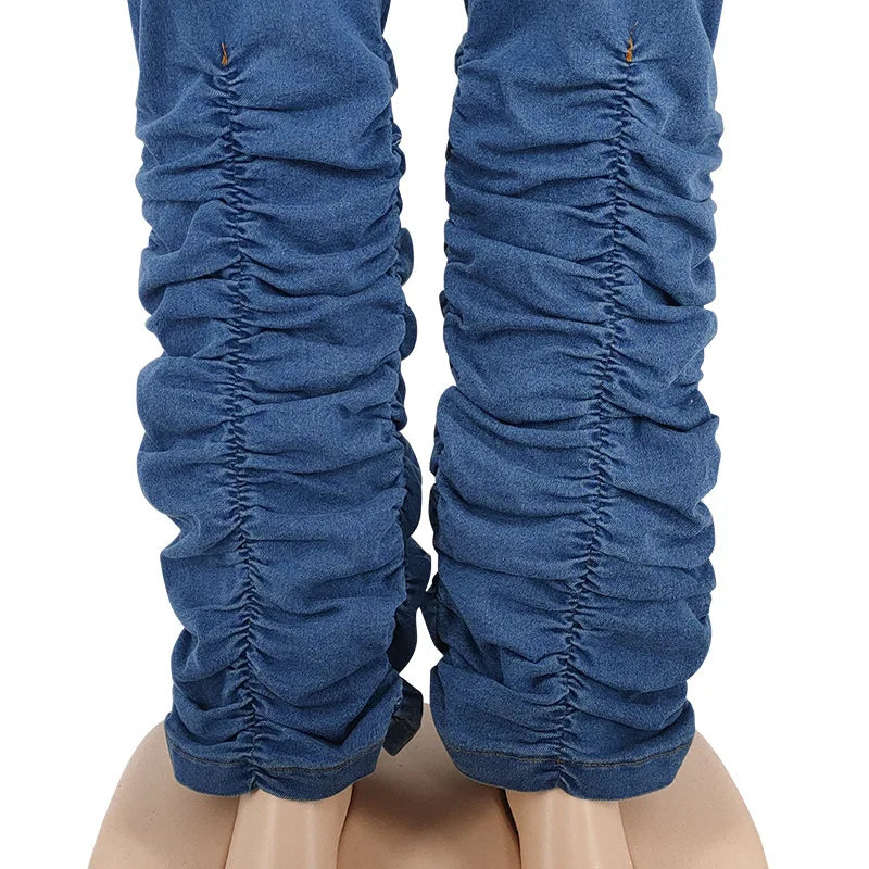 Blaue geraffte Jeansleggings für Damen, modische Stretchhose, bequemes Design