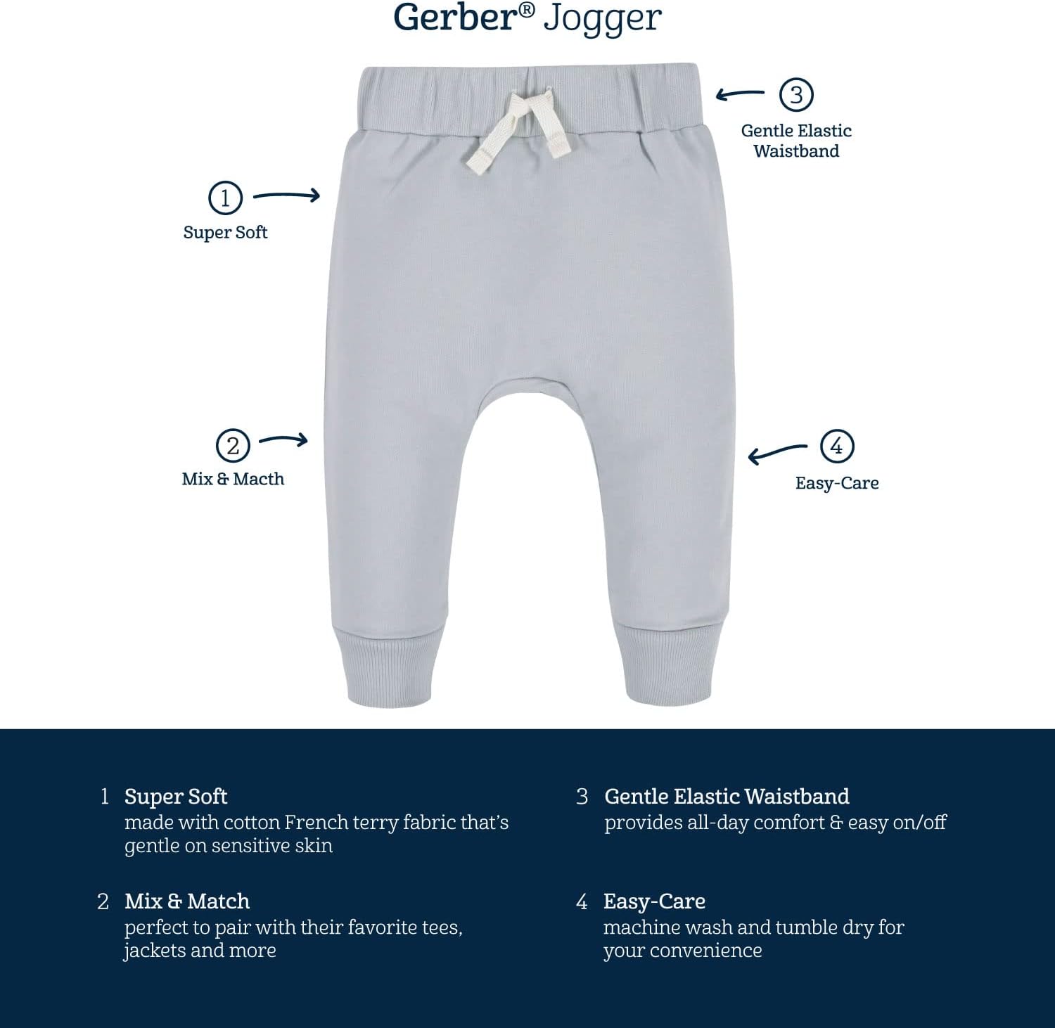Gerber Baby Joggerhose, hellgrau, weiche Baumwolle, elastischer Bund, pflegeleicht.