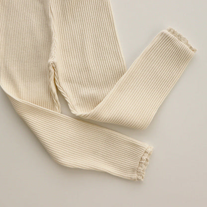 Beige gerippte Leggings aus Baumwolle, Damenmode, bequem, modisch, Herbstkleidung.