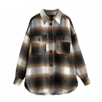 Damenjacke kariert braun, lang, Vintage-Streetwear, ideal für Frühling, modisch und bequem.