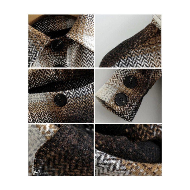 Damen-Tweedjacke, kariert, braun, schwarz, Knöpfe, Vintage-Streetwear, Frühling.